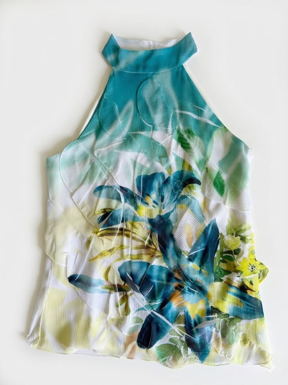 IZ Byer Y2K Tropical Lily Halter Top Blouse Teal Blue Yellow Mock Neck Size S